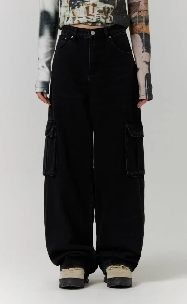 Premium Black Cargo Wide Leg Jeans - Image 3