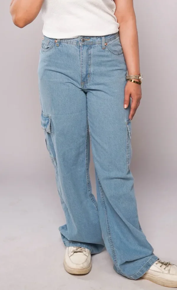 HM - Ice Blue High Waist Wide Leg Cargo Jeans - Image 3