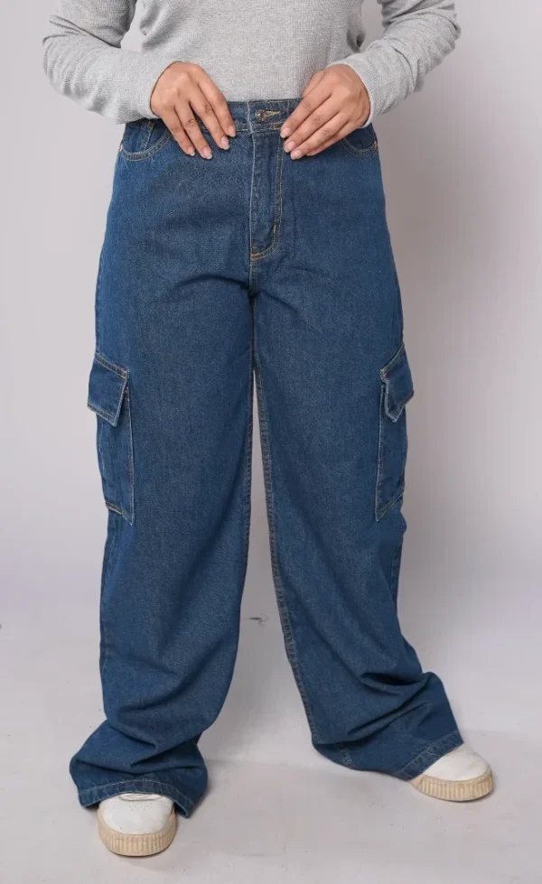 HM - Indigo Blue High Waist Wide Leg Cargo Jeans - Image 4