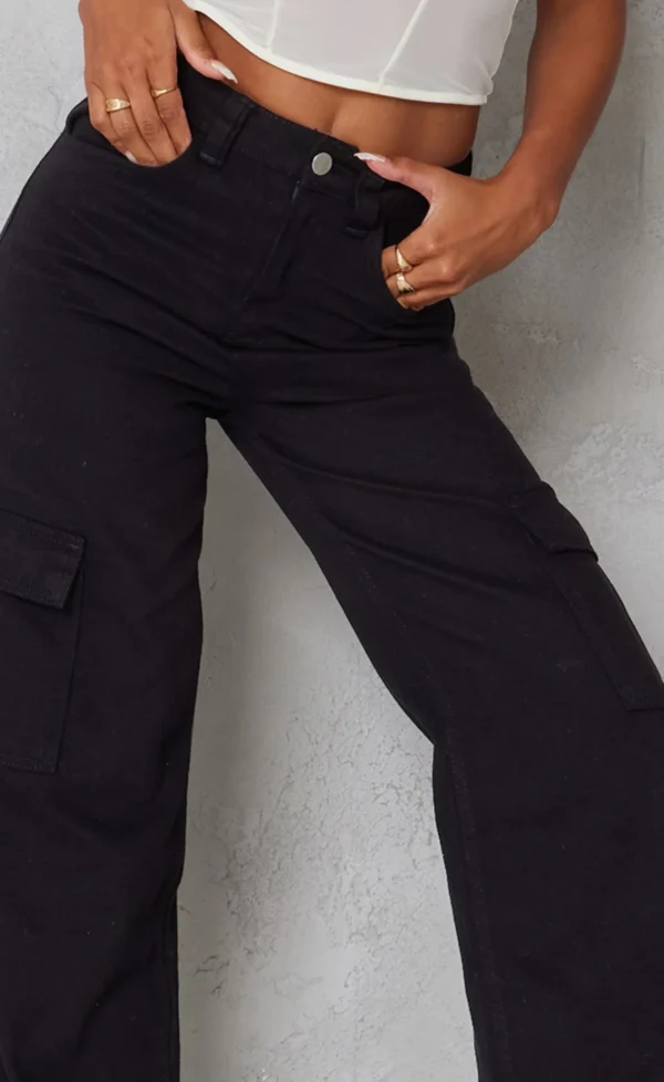 PURE BLACK WIDE LEG CARGO JEANS - Image 2