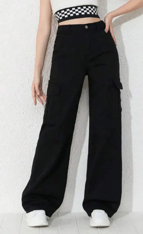 High Waisted Wide Leg Jeans Cargo Pockets in Jet Black - Image 2