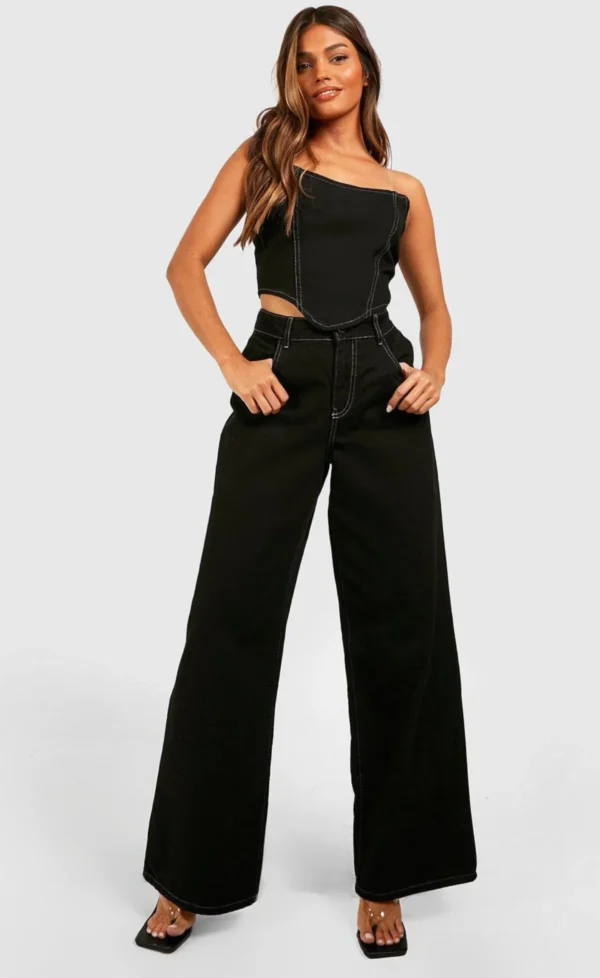 Black Wide Leg High Waist Brown Thread Stitch - Image 3