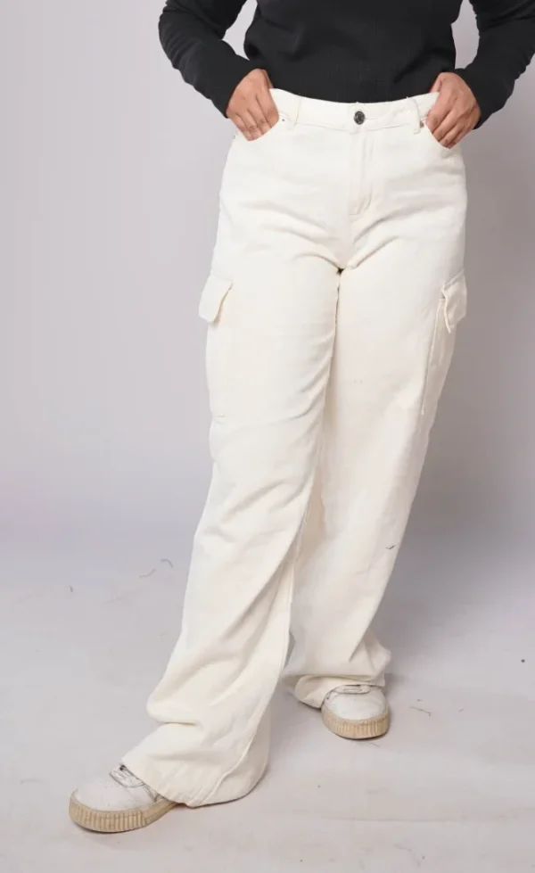 HM - Off-White High Waist Wide Leg Cargo Jeans - Image 5