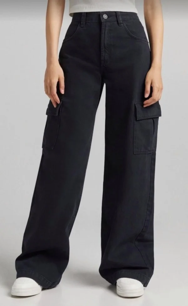 PURE BLACK WIDE LEG CARGO JEANS - Image 3