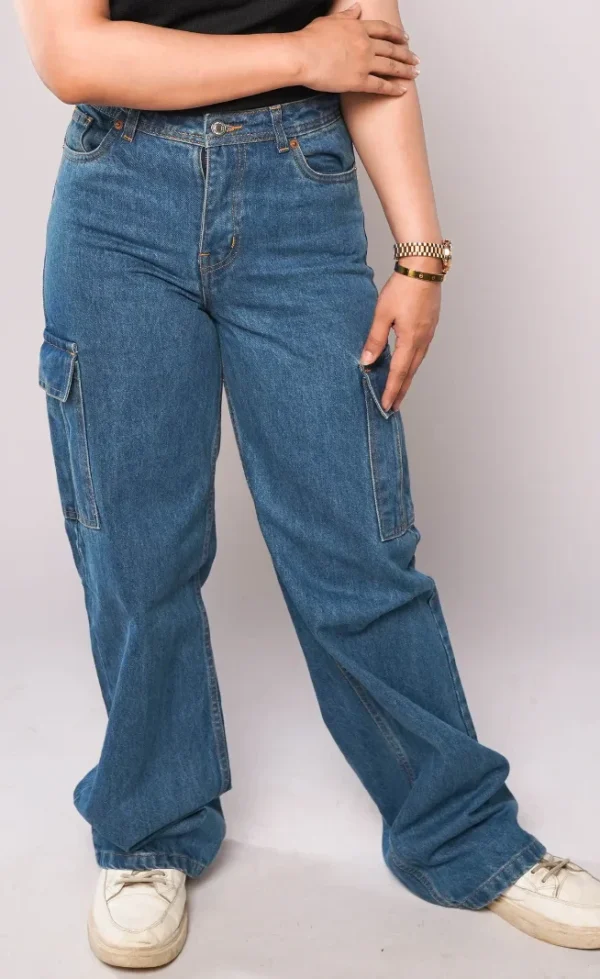 HM - Medium Blue High Waist Wide Leg Cargo Jeans - Image 5