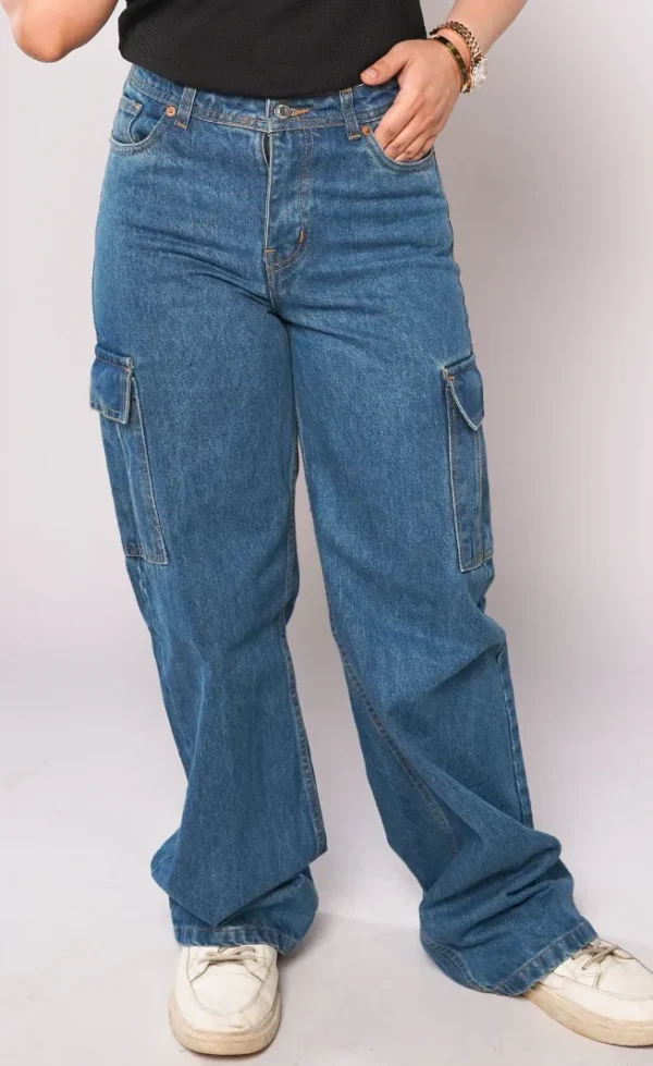 HM - Medium Blue High Waist Wide Leg Cargo Jeans - Image 2