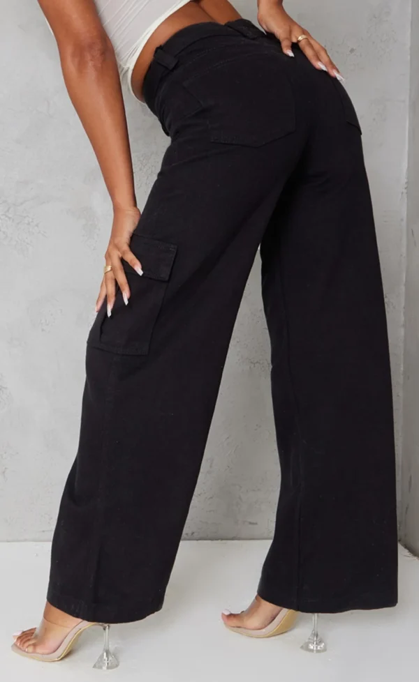 PURE BLACK WIDE LEG CARGO JEANS - Image 4