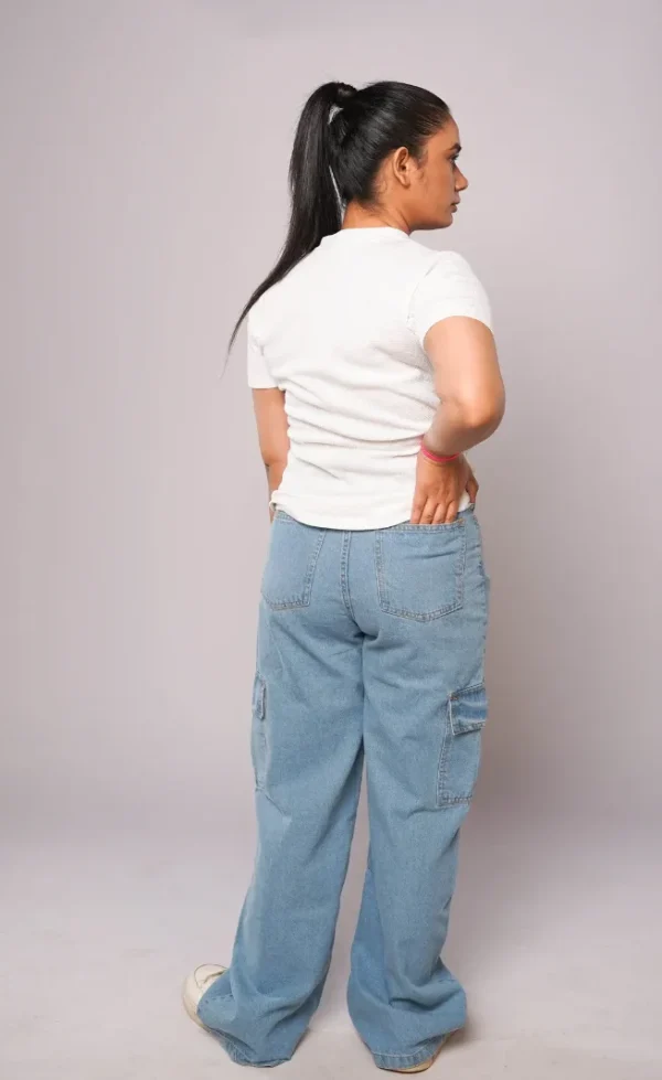 HM - Ice Blue High Waist Wide Leg Cargo Jeans - Image 4