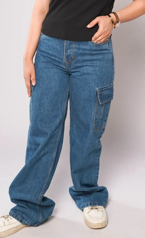 HM - Medium Blue High Waist Wide Leg Cargo Jeans - Image 4