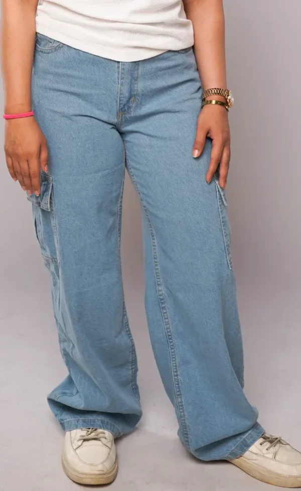 HM - Ice Blue High Waist Wide Leg Cargo Jeans - Image 5