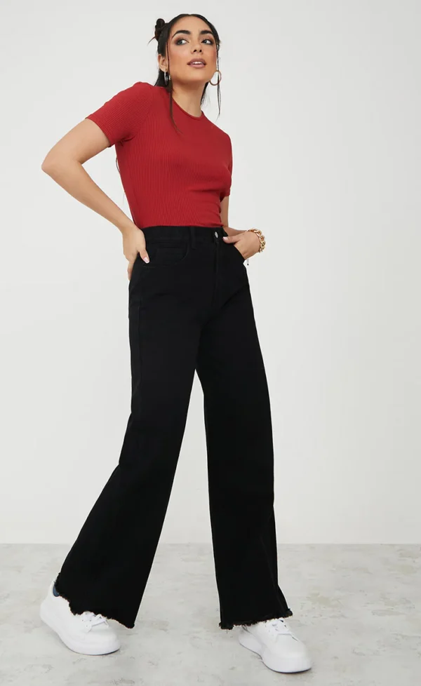 High Rise Frayed Hem Wide Leg Jeans - Image 2