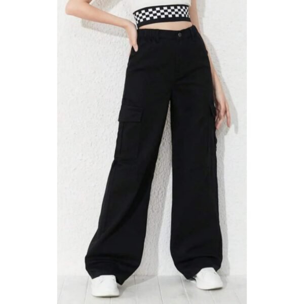 High Waisted Wide Leg Jeans Cargo Pockets in Jet Black