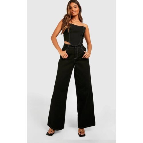 Black Wide Leg High Waist Brown Thread Stitch