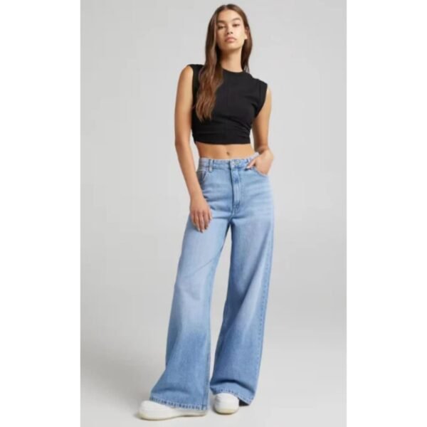 Mid Blue Whisker Wide Leg Jeans