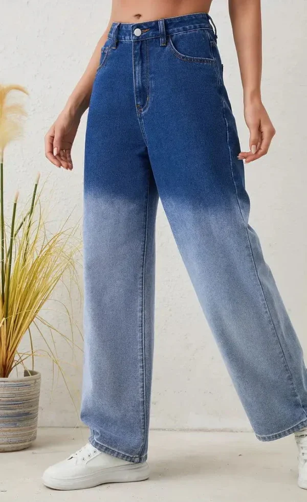 Trendy Two-Tone Wide-Leg Jeans – High-Waisted Comfort for Women - Image 2