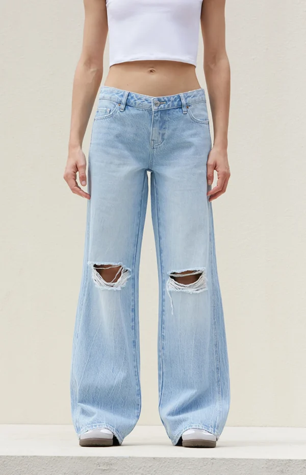 HM Light Blue Knee-Ripped High-Waisted Wide-Leg Jeans - Image 2