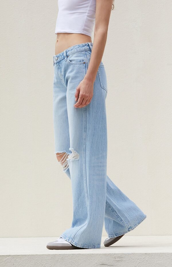 HM Light Blue Knee-Ripped High-Waisted Wide-Leg Jeans - Image 3