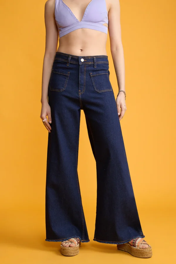 HM Dark Blue Utility Pocket Wide-Leg Frayed Hem Jeans
