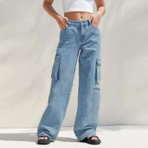 HM Light Blue High-Waisted Cargo Wide-Leg Jeans