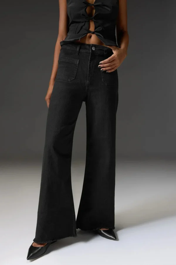 HM Black Utility Pocket Wide-Leg Frayed Hem Jeans