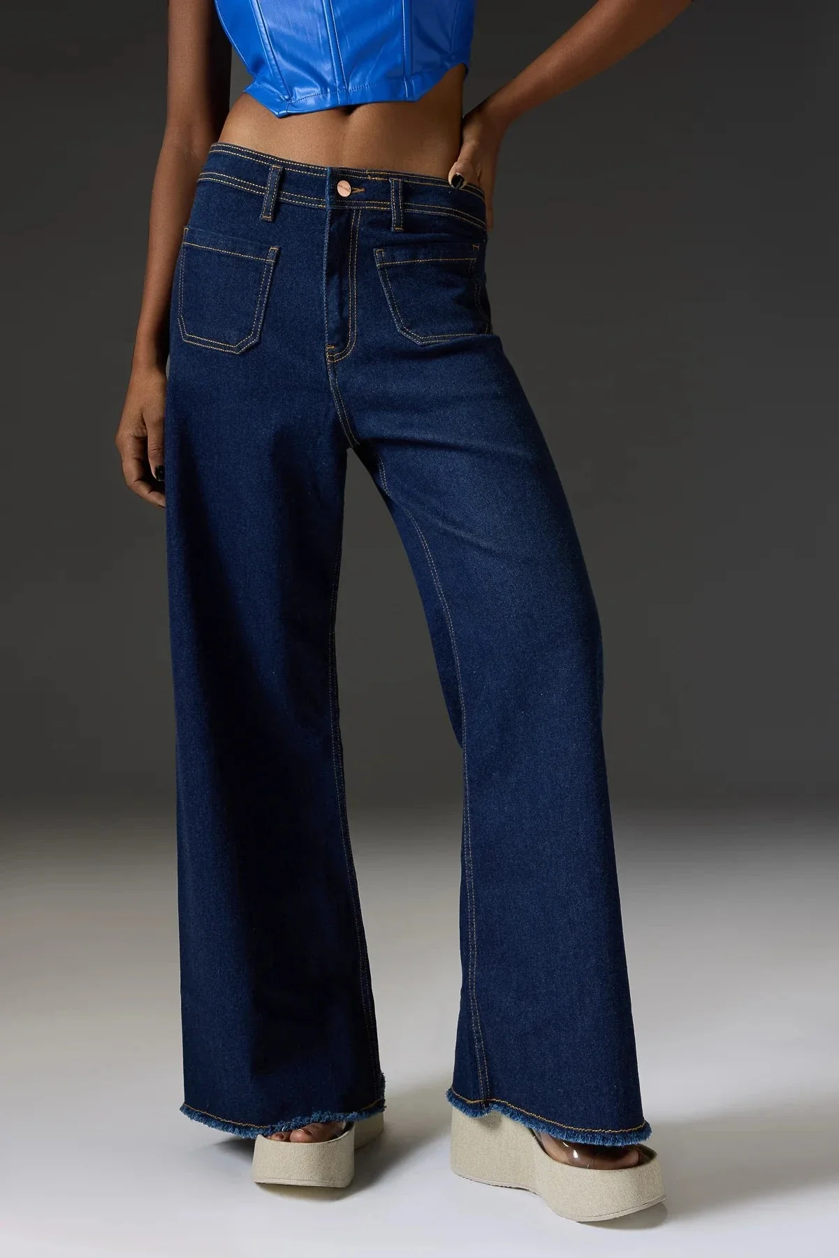 HM Dark Blue Utility Pocket Wide-Leg Frayed Hem Jeans