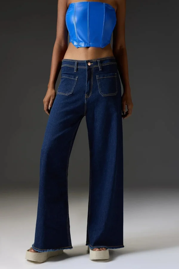 HM Dark Blue Utility Pocket Wide-Leg Frayed Hem Jeans - Image 2