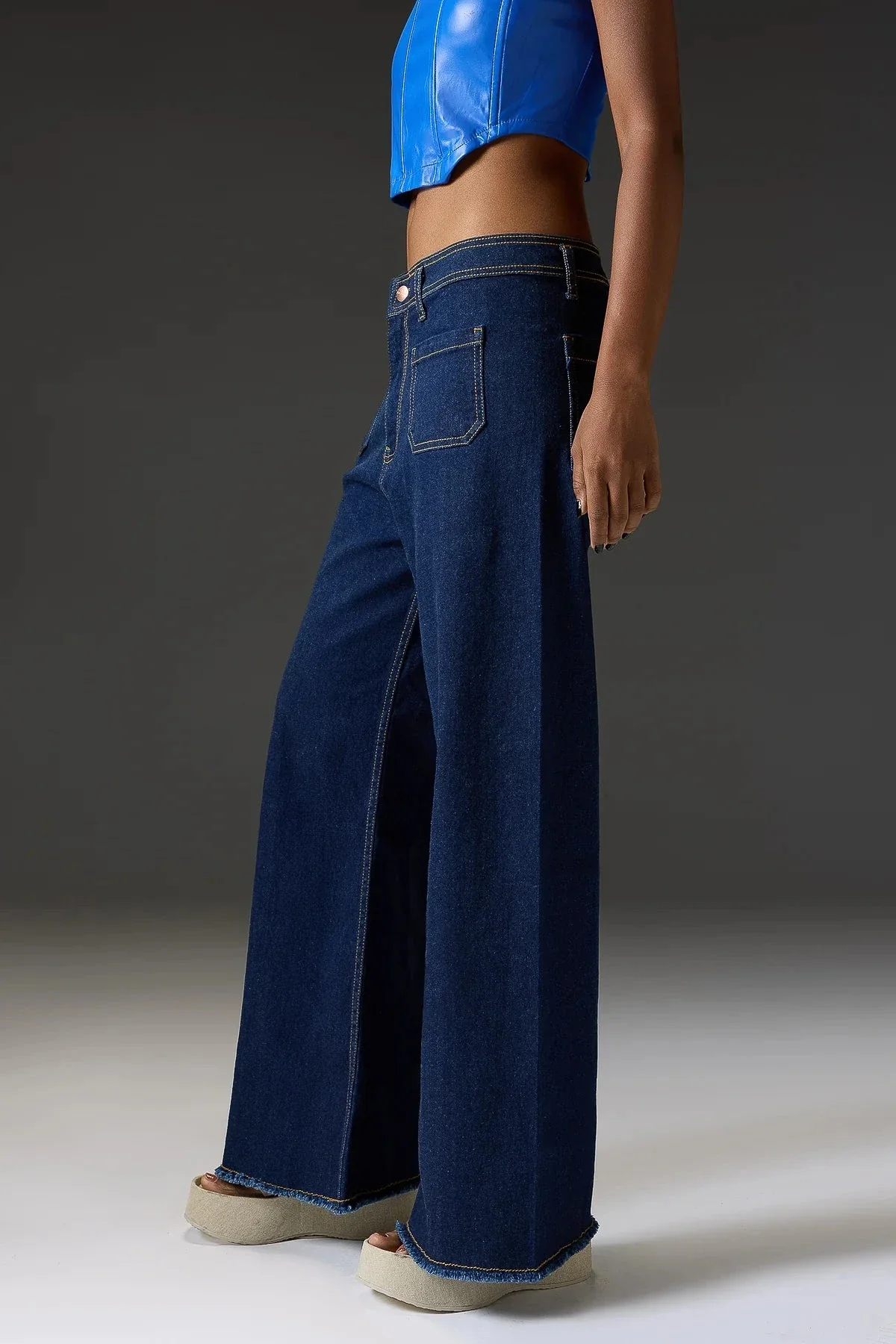HM Dark Blue Utility Pocket Wide-Leg Frayed Hem Jeans - Image 3