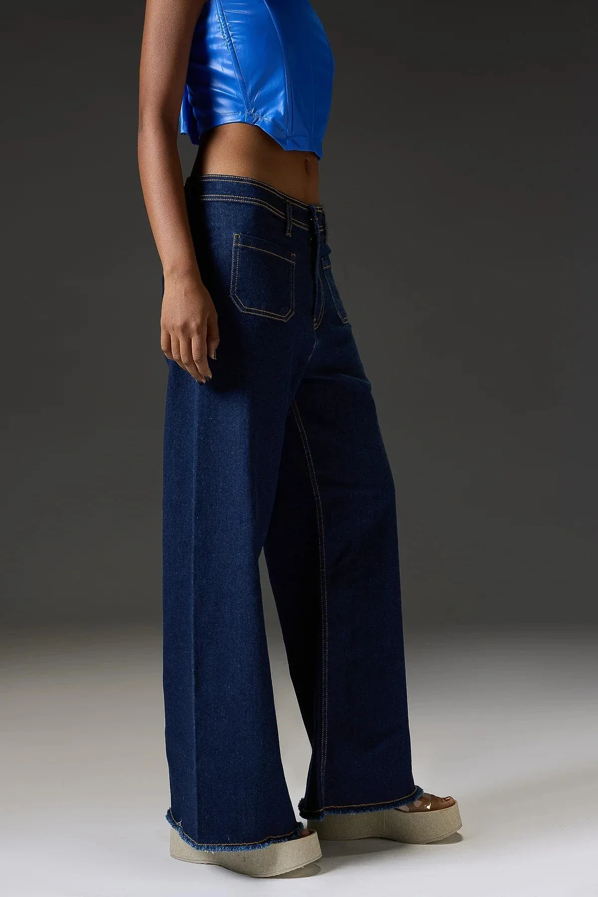 HM Dark Blue Utility Pocket Wide-Leg Frayed Hem Jeans - Image 4