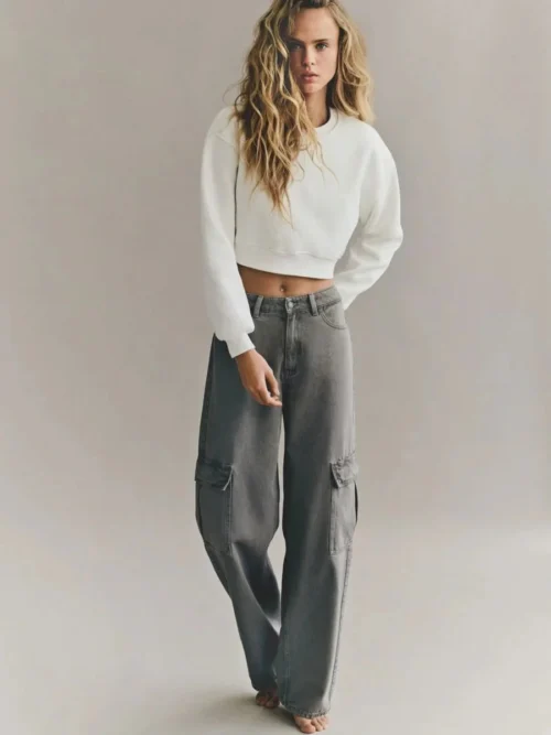 HM Dark Grey High-Waisted Cargo Wide-Leg Jeans