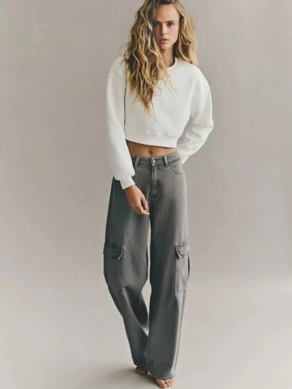 HM Dark Grey High-Waisted Cargo Wide-Leg Jeans