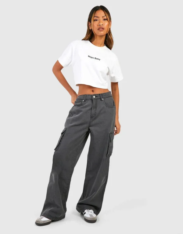 HM Dark Grey High-Waisted Cargo Wide-Leg Jeans - Image 2