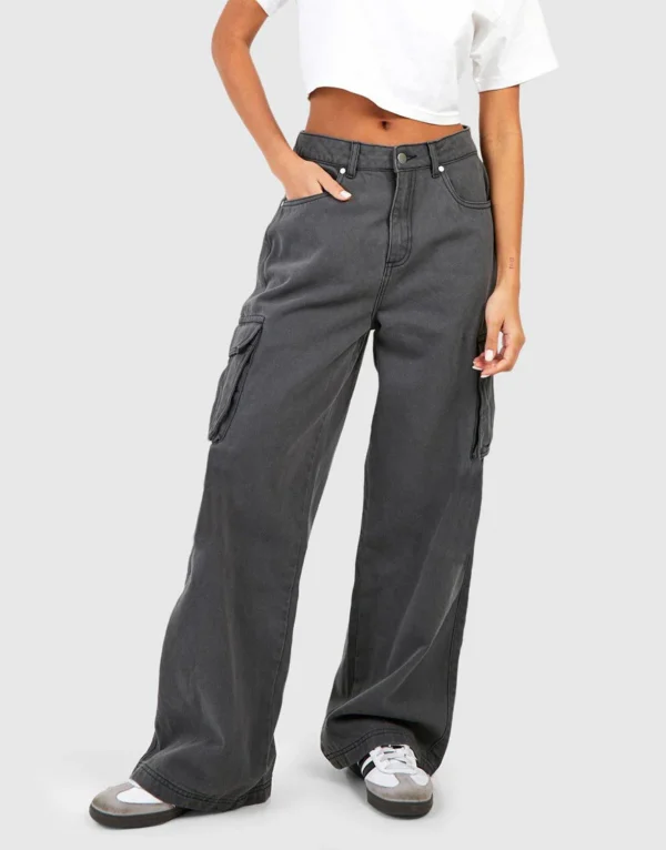 HM Dark Grey High-Waisted Cargo Wide-Leg Jeans - Image 3