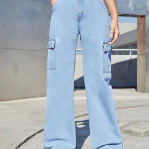 HM Light Blue High-Waisted Cargo Wide-Leg Jeans