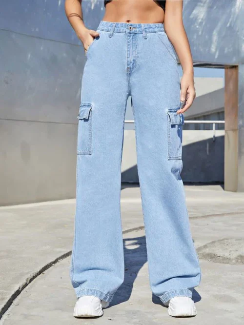 HM Light Blue High-Waisted Cargo Wide-Leg Jeans