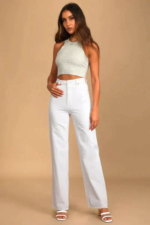 HM White High-Waist Loose Leg Jeans