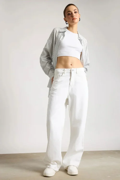 HM White High-Waist Loose Leg Jeans