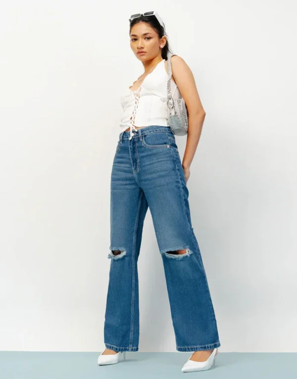 HM Dark Blue Knee-Ripped High-Waisted Wide-Leg Jeans - Image 5