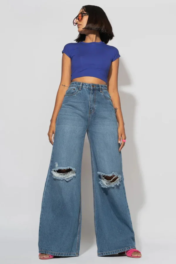 HM Dark Blue Knee-Ripped High-Waisted Wide-Leg Jeans - Image 6