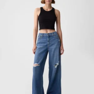 HM Dark Blue Knee-Ripped High-Waisted Wide-Leg Jeans