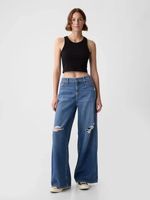 HM Dark Blue Knee-Ripped High-Waisted Wide-Leg Jeans