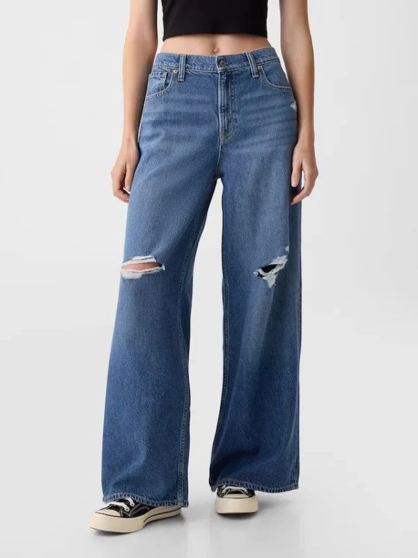 HM Dark Blue Knee-Ripped High-Waisted Wide-Leg Jeans - Image 3