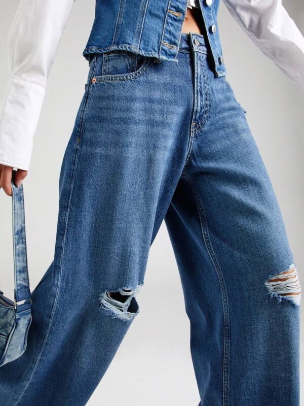HM Dark Blue Knee-Ripped High-Waisted Wide-Leg Jeans - Image 4