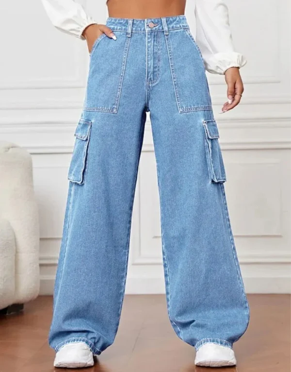 HM Light Blue High-Waisted Cargo Wide-Leg Jeans - Image 4