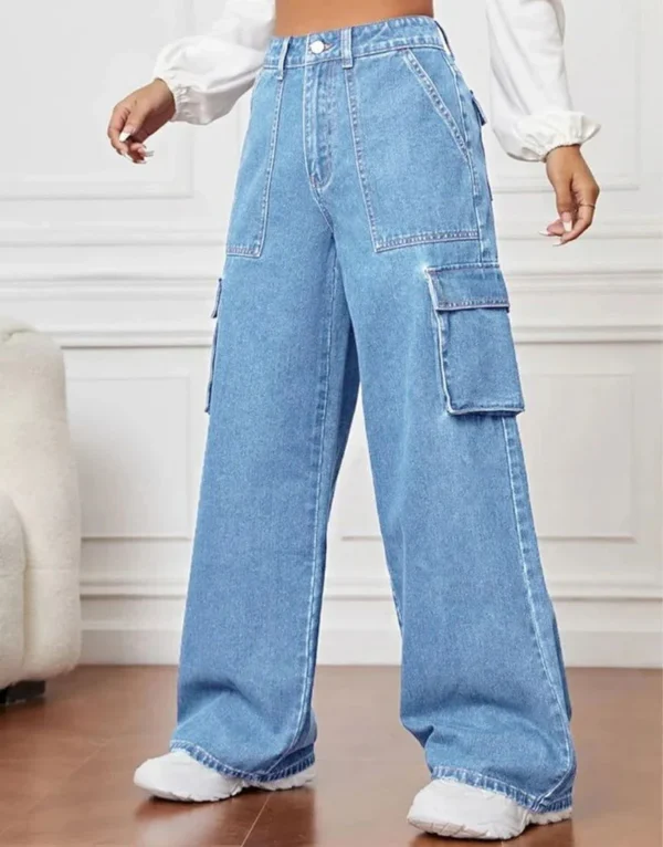 HM Light Blue High-Waisted Cargo Wide-Leg Jeans - Image 3