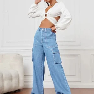 HM Light Blue High-Waisted Cargo Wide-Leg Jeans