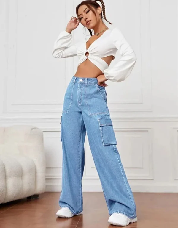 HM Light Blue High-Waisted Cargo Wide-Leg Jeans