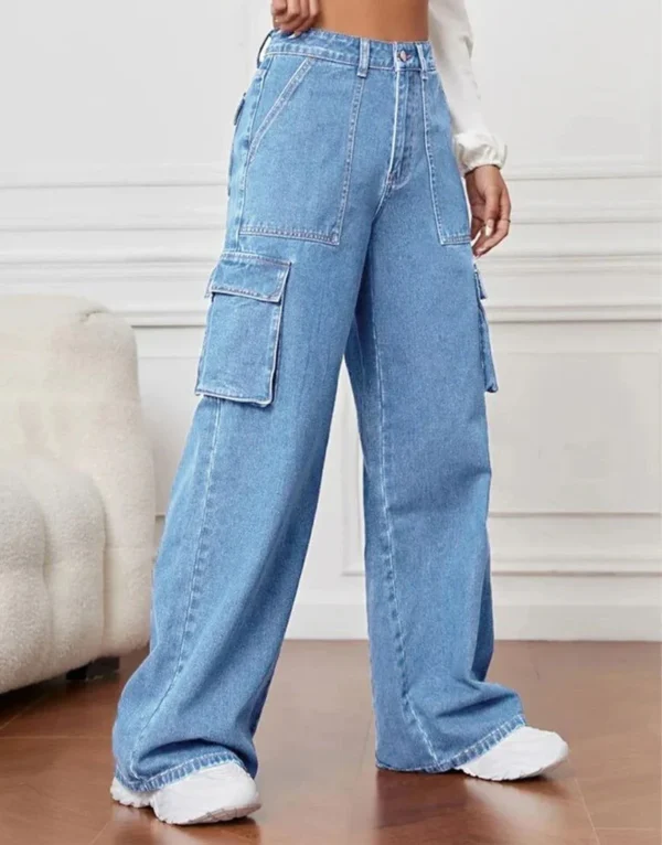 HM Light Blue High-Waisted Cargo Wide-Leg Jeans - Image 2