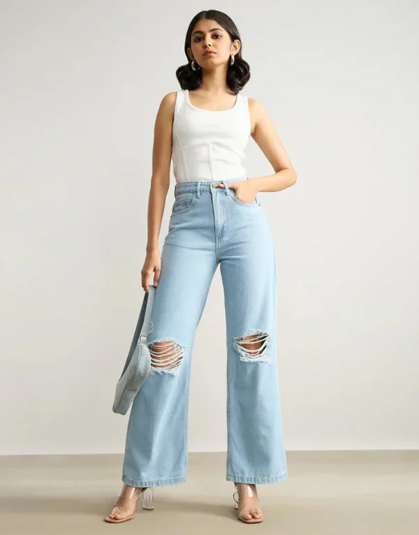 HM Light Blue Knee-Ripped High-Waisted Wide-Leg Jeans