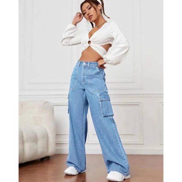 HM Light Blue High-Waisted Cargo Wide-Leg Jeans