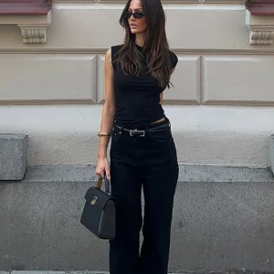 HM Faded Black High-Waist Wide-Leg Jeans